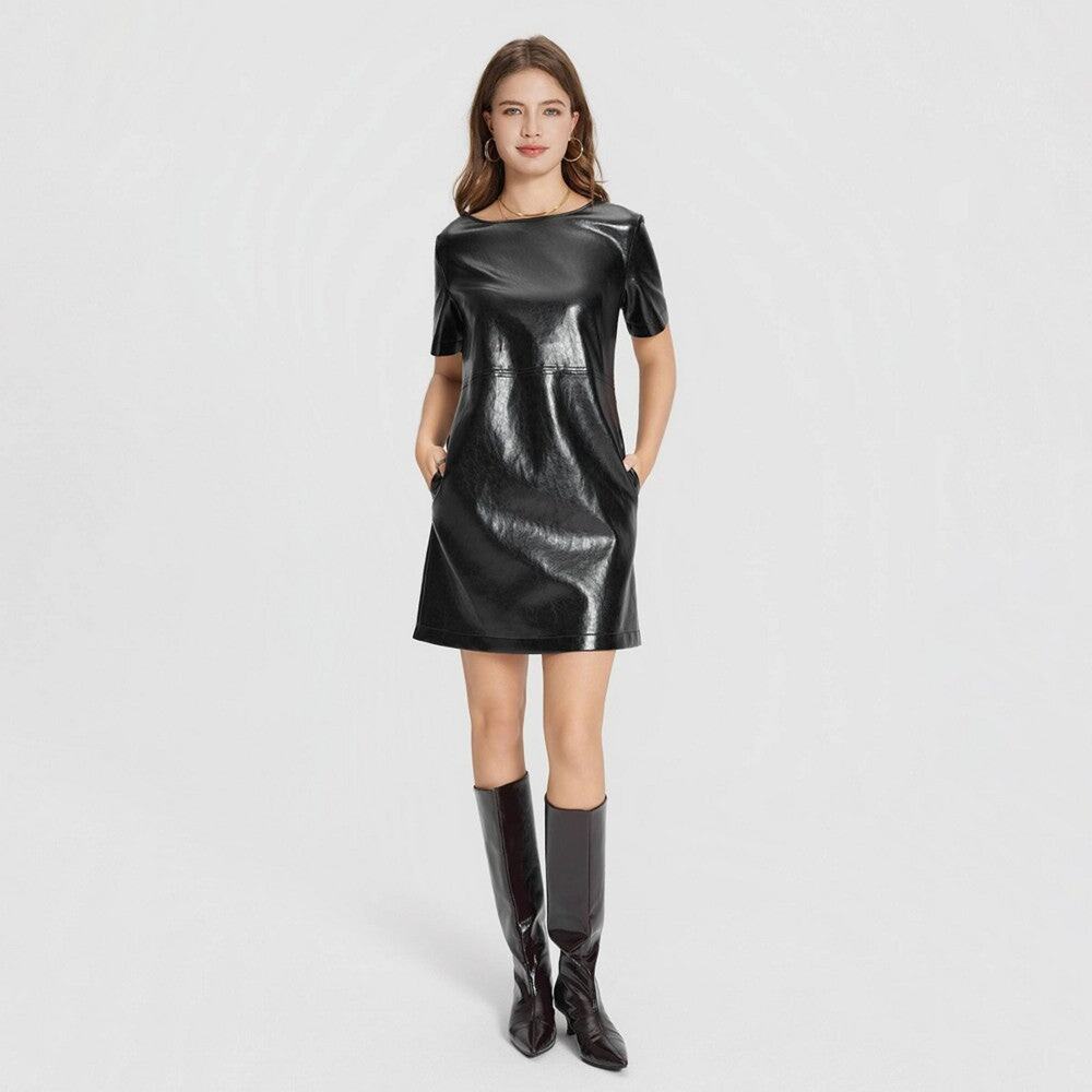 Women's Short Sleeve Faux Leather Mini Shift Dress - A New Day™ Black M